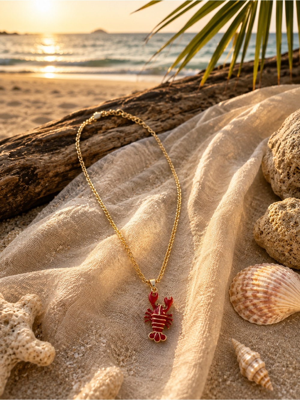 Gold Necklace with Red Lobster Pendant - Women Jewelry